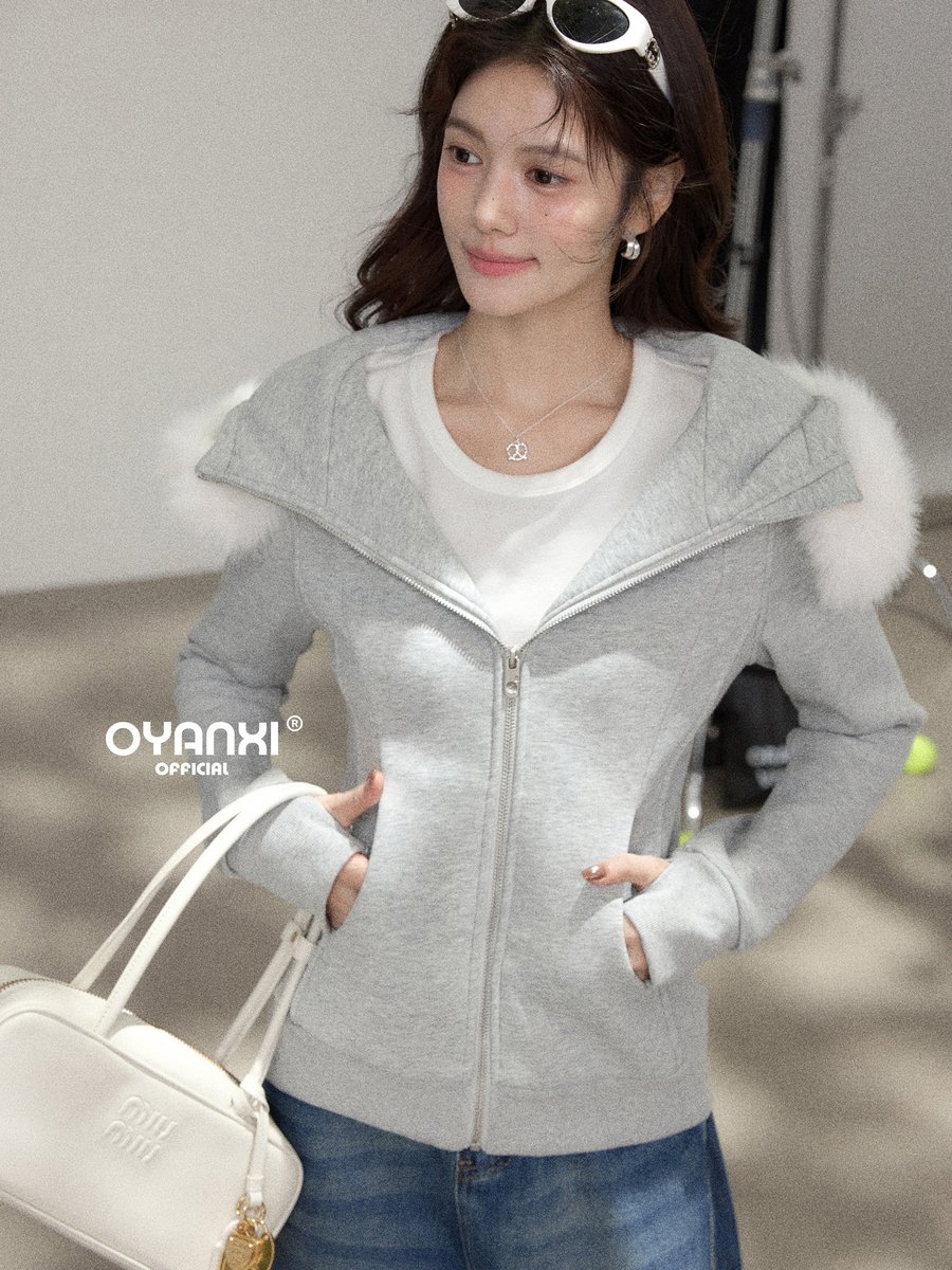 OYANXI 取り外し可能ファー襟 裏起毛 ジップアップスウェット