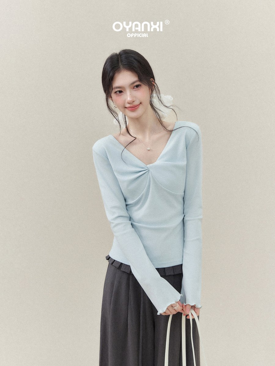 OYANXI ツイスト Vネック フリル袖 長袖Tシャツ
