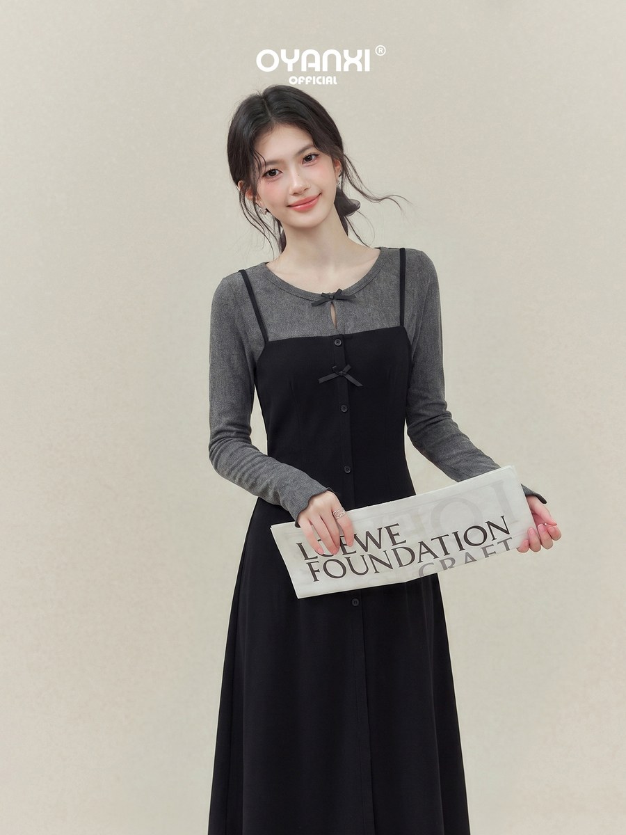 OYANXI フェイクレイヤード スクエアネック ロングワンピース