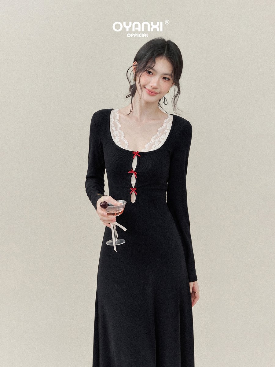 OYANXI レース Uネック リボン 透かし ロングワンピース