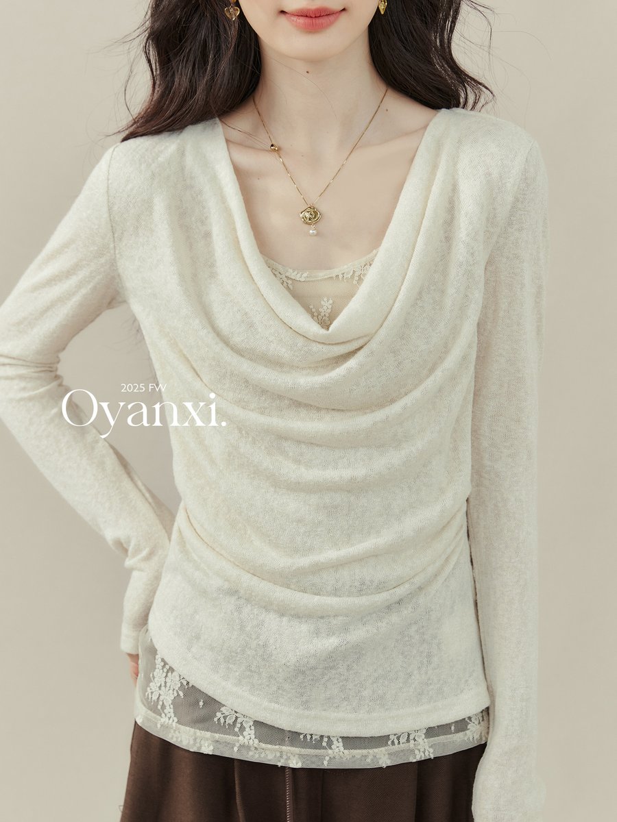 OYANXI ドレープネック レース フェイクレイヤード 長袖Tシャツ