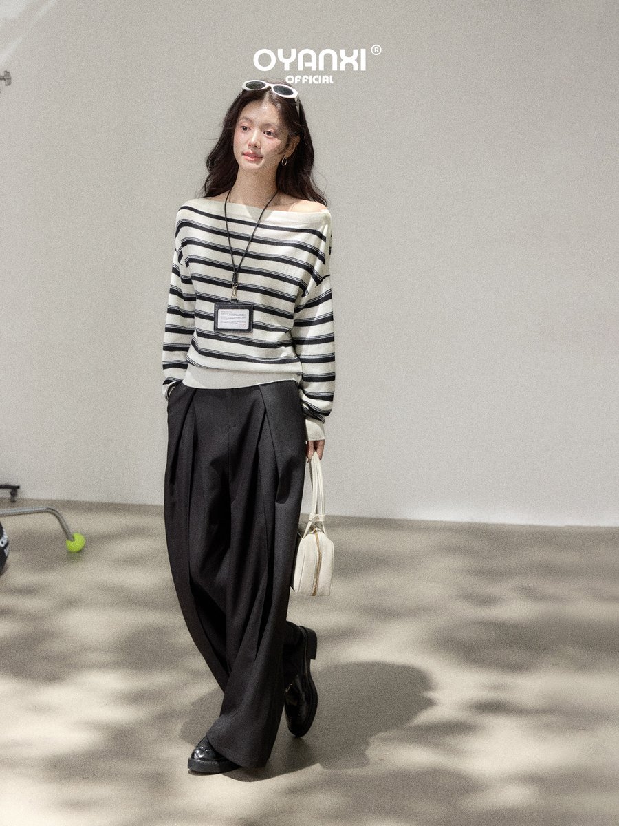 OYANXI モノトーンストライプ ボートネック オフショルダー ニット