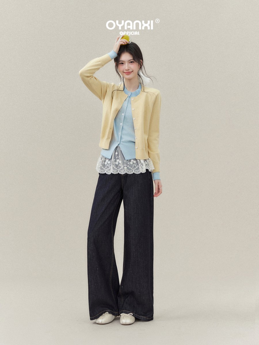OYANXI バイカラー 折り襟 フェイクレイヤード ニットカーディガン