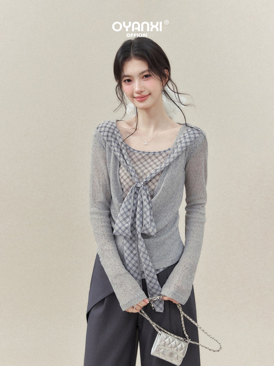 OYANXI ドレープネック チェック切り替え フェイクレイヤードTシャツ