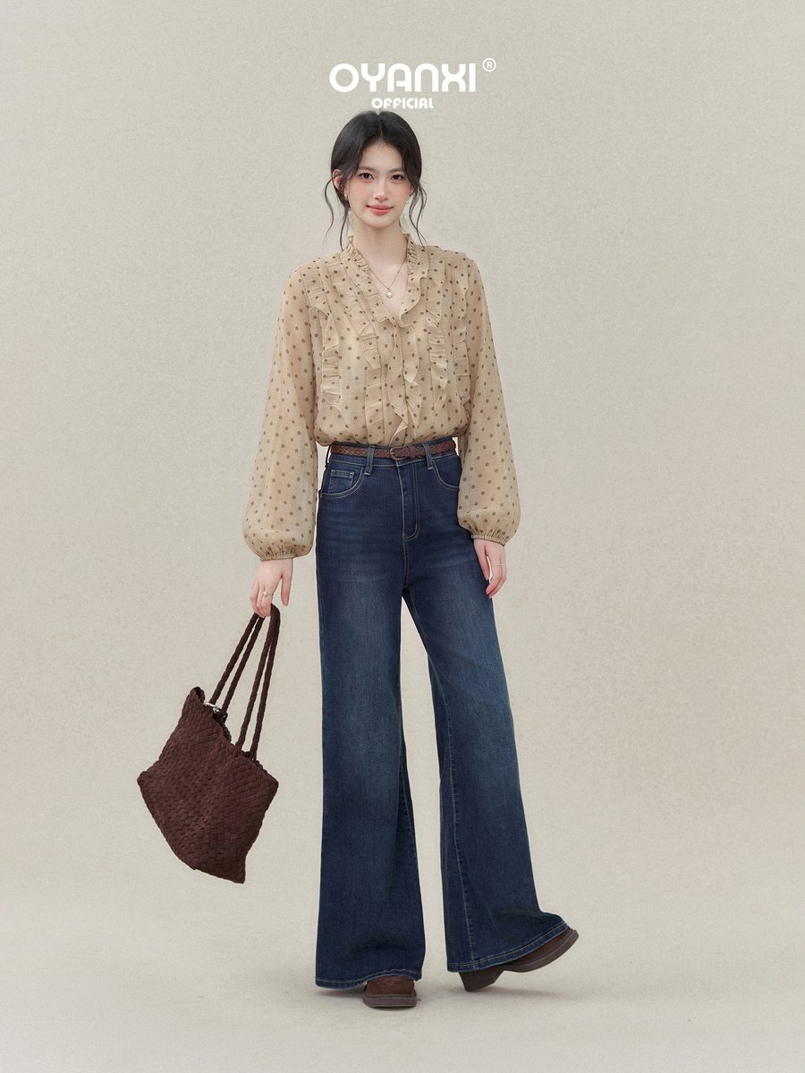 OYANXI ドット柄 Vネック ランタンスリーブ シャツ