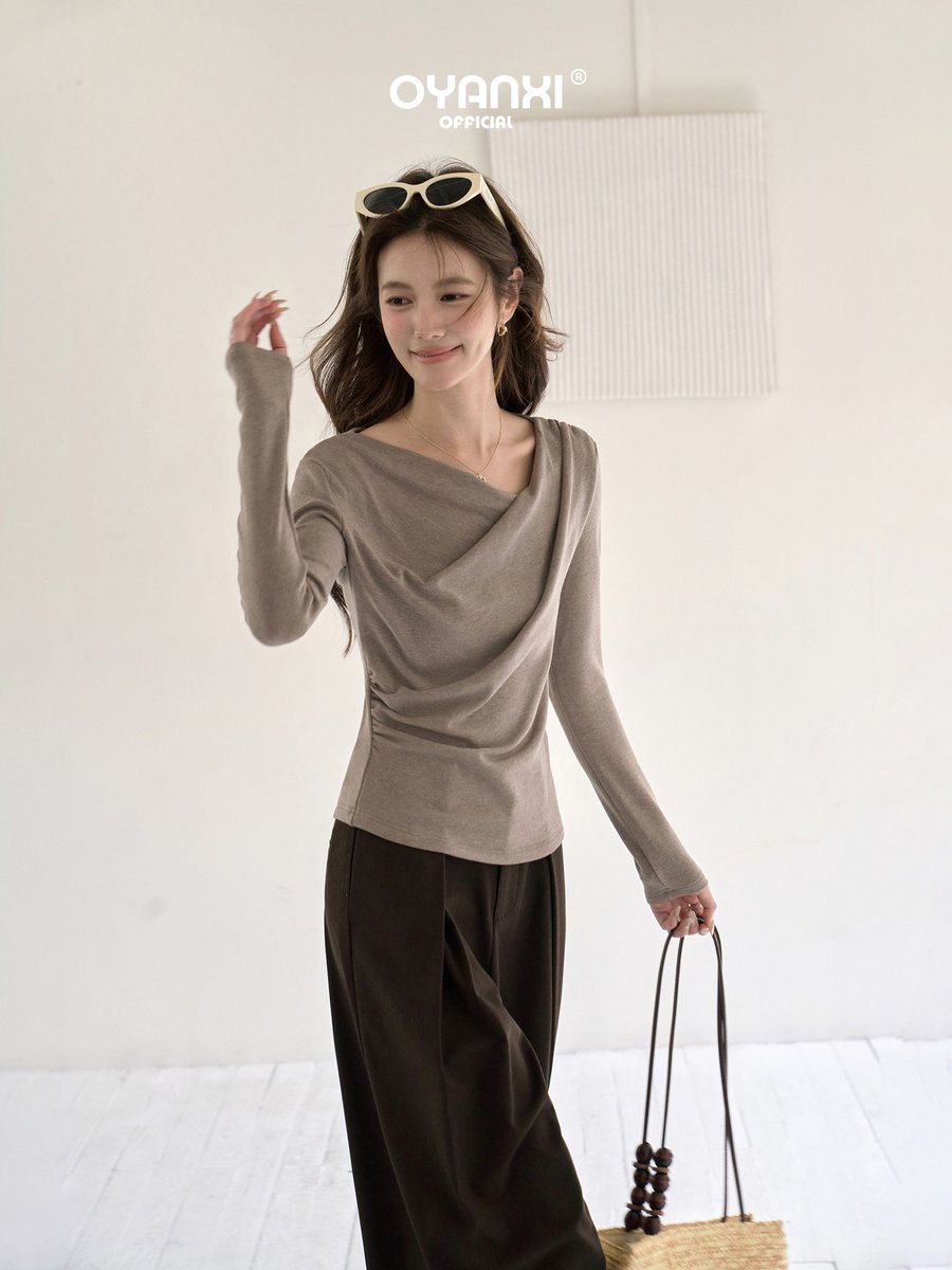 OYANXI Vネック フィット 長袖Tシャツ
