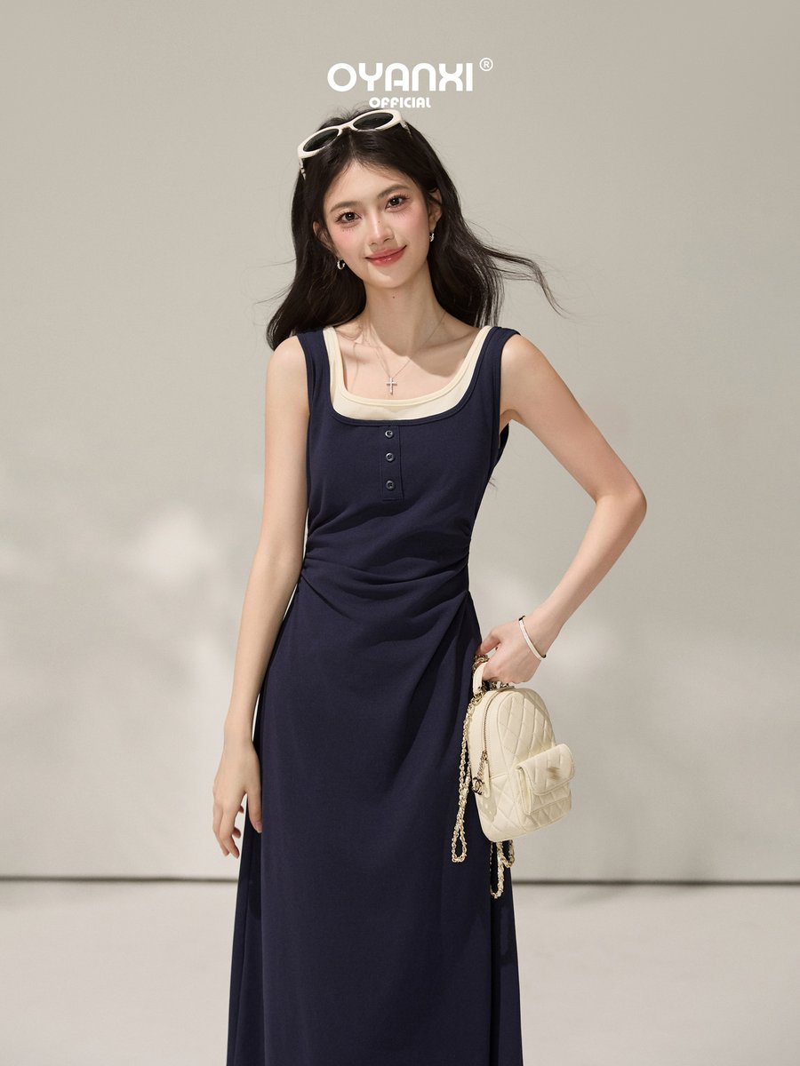 OYANXI スクエアネック フェイクレイヤード ノースリーブワンピース