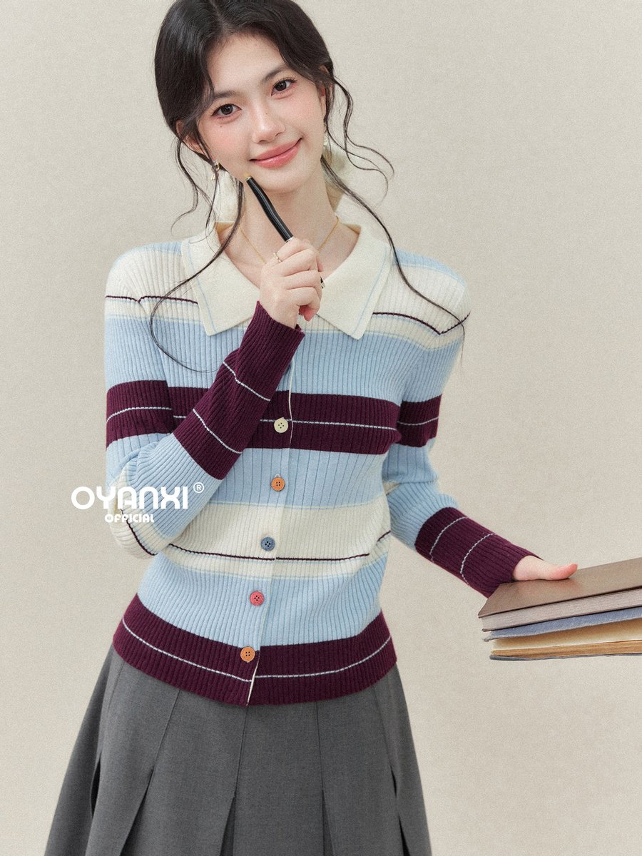 OYANXI 配色ストライプ 折り襟 シングルボタン ニット