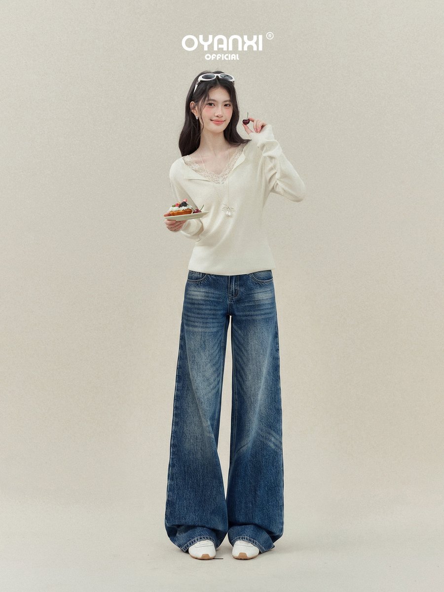 OYANXI ヴィンテージ加工 ミッドウエスト ワイドデニムパンツ
