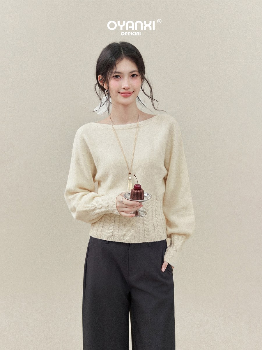 OYANXI ボートネック ランタンスリーブ ケーブル編み セーター