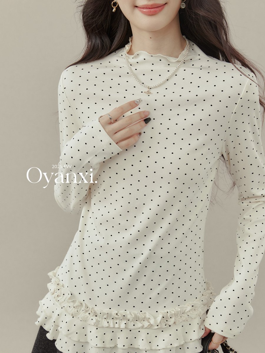 OYANXI ドット柄 メロウフリル ハイネックカットソー