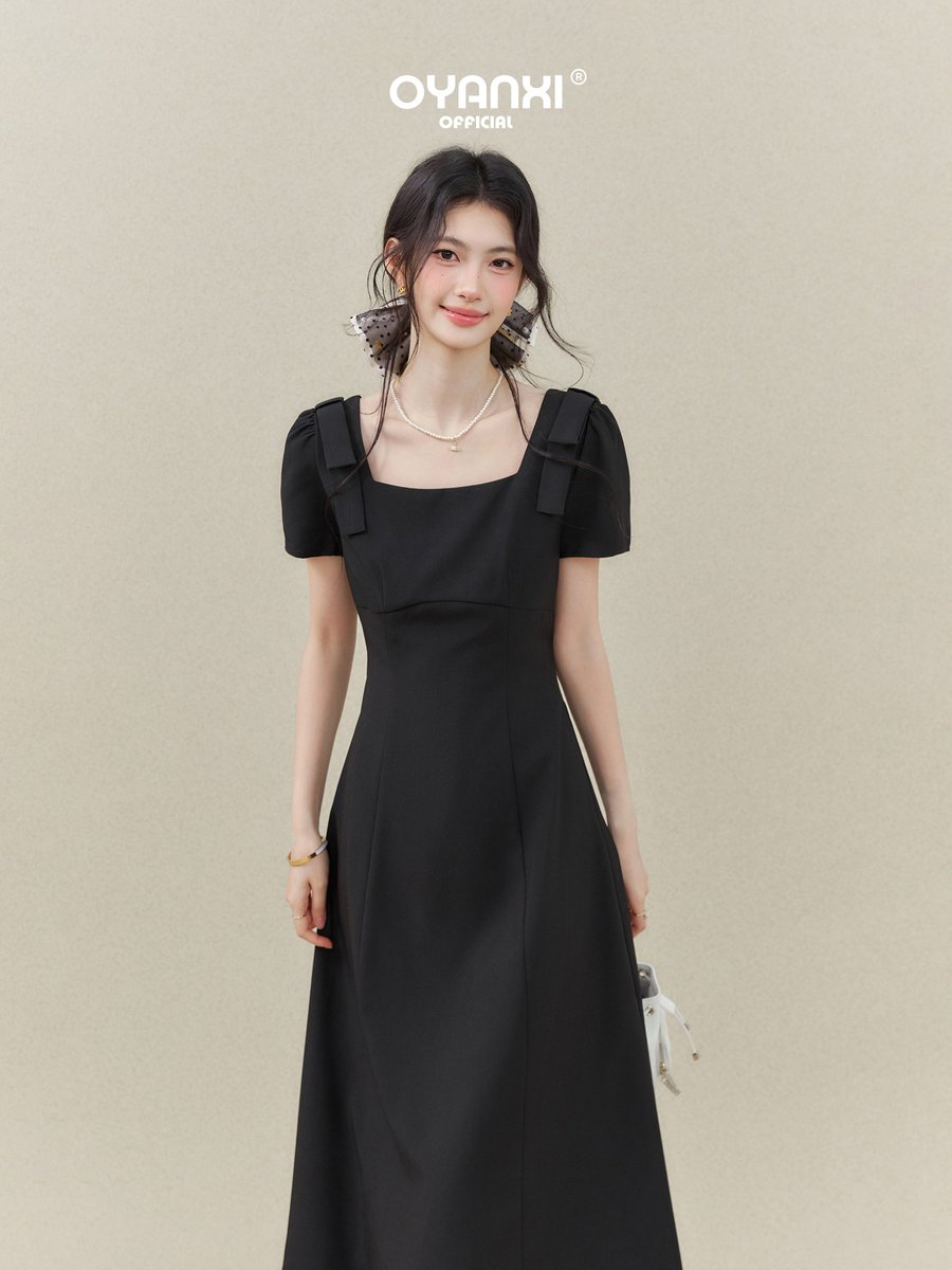 OYANXI スクエアネック パフスリーブ ウエストシェイプ ワンピース