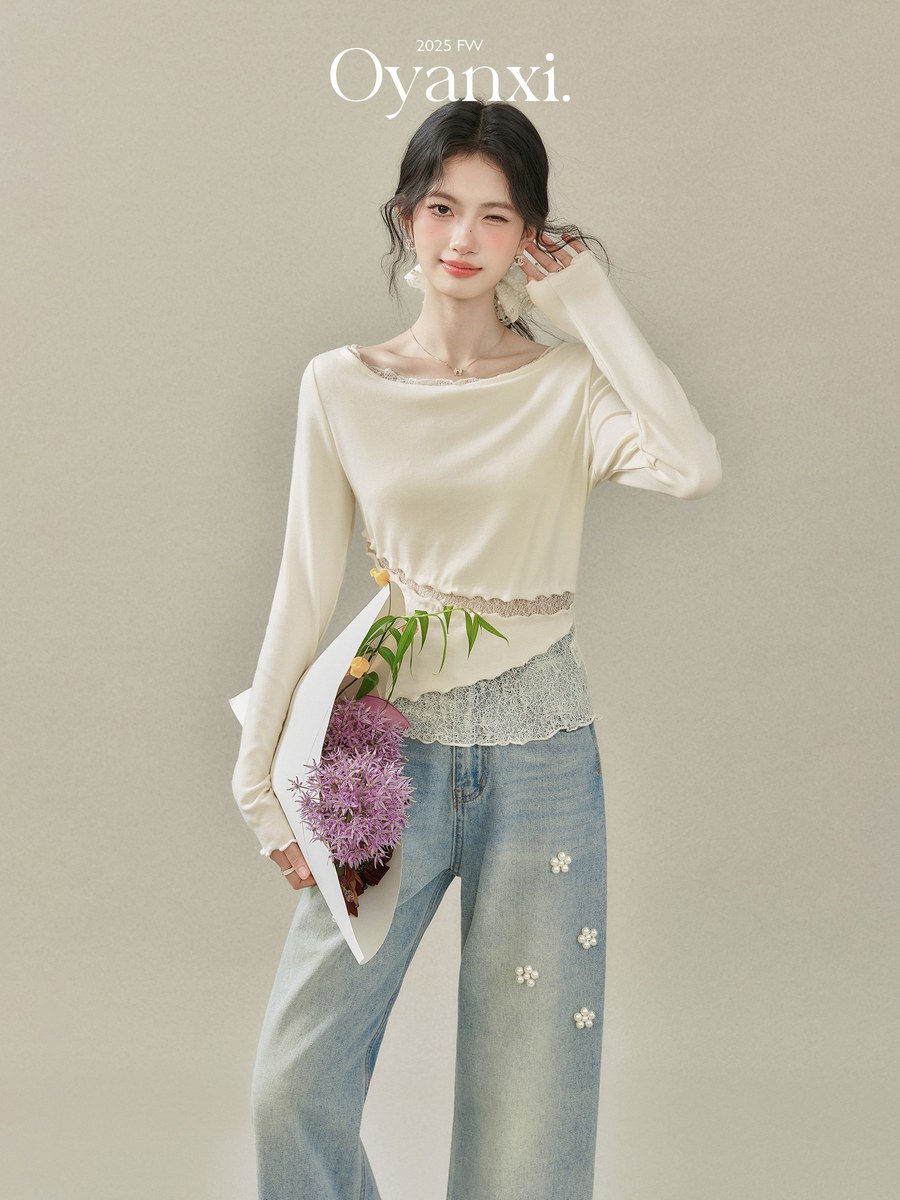 OYANXI オフショルダー レース切り替え ニット長袖Tシャツ