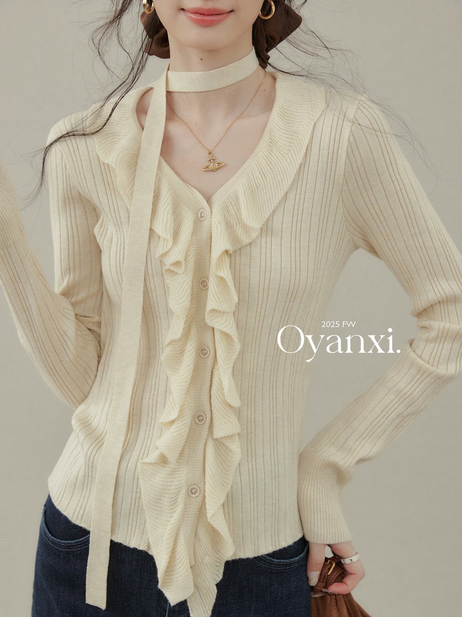 OYANXI リボン フリル 長袖ニット