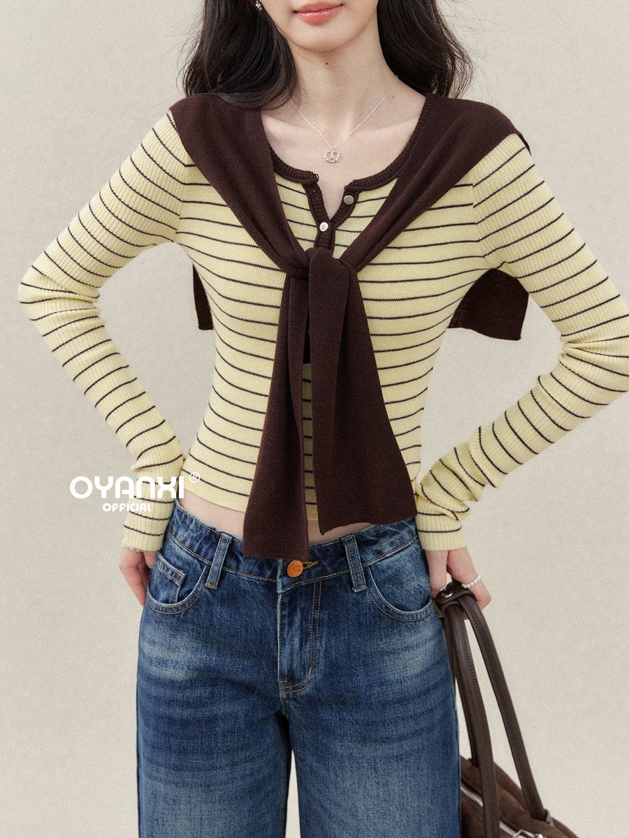 OYANXI ケープ付き フェイクレイヤード ボーダーニット