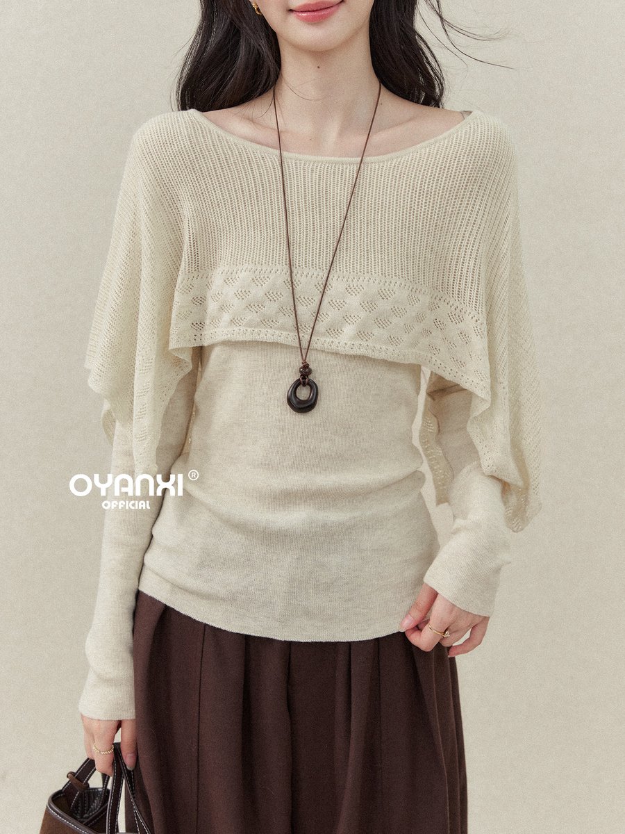 OYANXI 透かし編みショール フェイクレイヤード スリム長袖ニット
