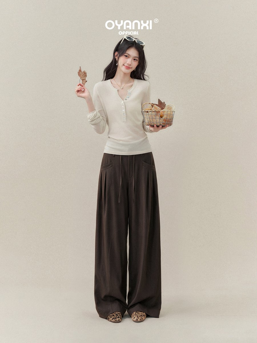 OYANXI タック入り ハイウエスト とろみ ロング丈ワイドパンツ