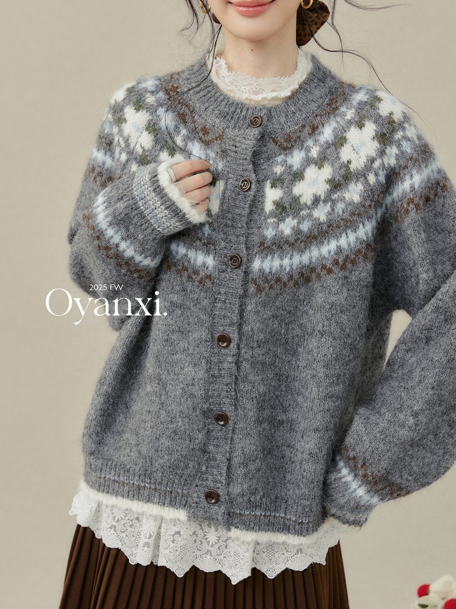OYANXI フェアアイル柄 オーバーサイズ ニットカーディガン