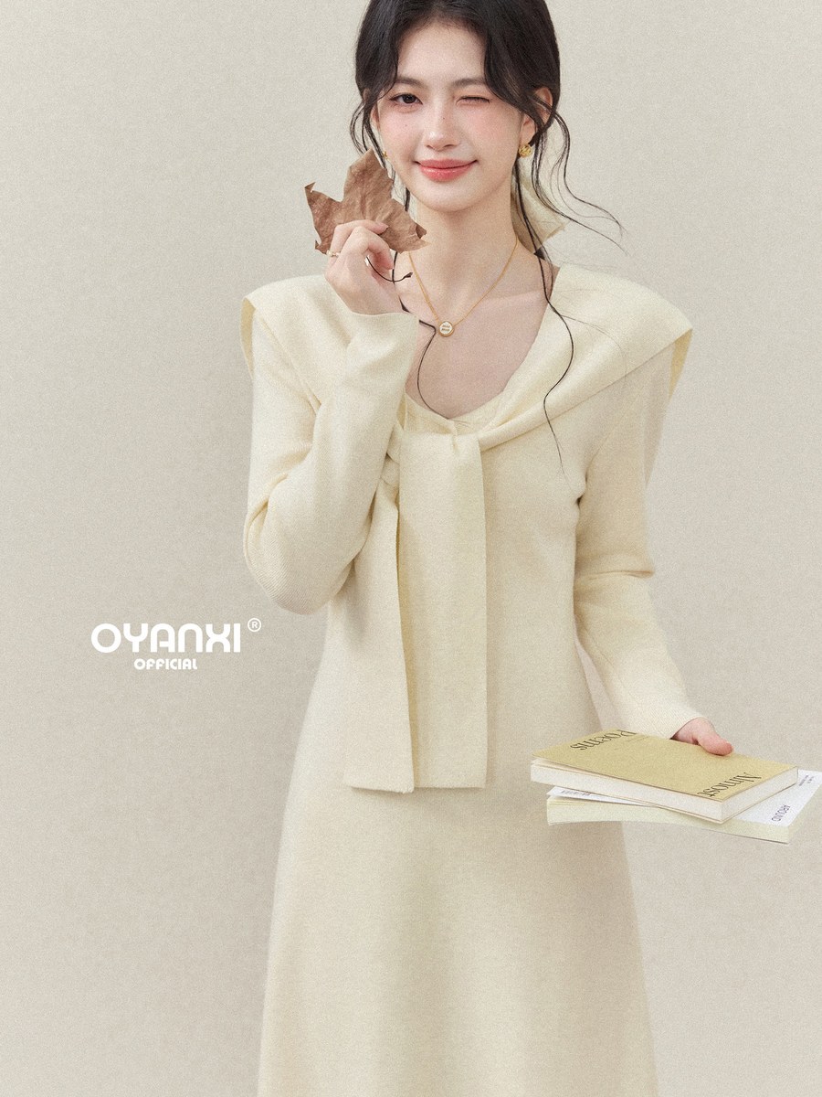 OYANXI Vネック ショール付き ウエストシェイプ 長袖ワンピース