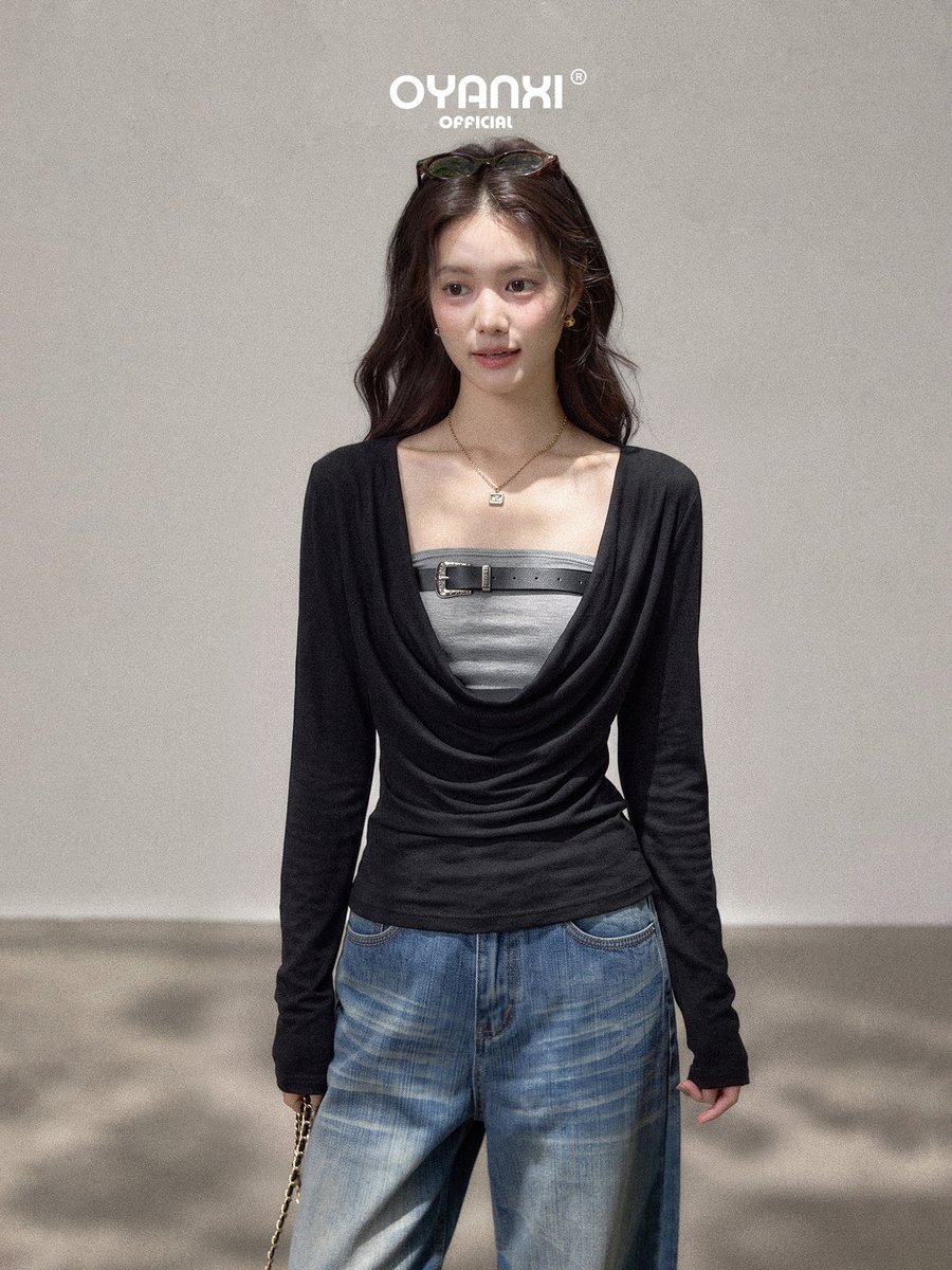 OYANXI フェイクレイヤード ギャザー Vネック 長袖Tシャツ