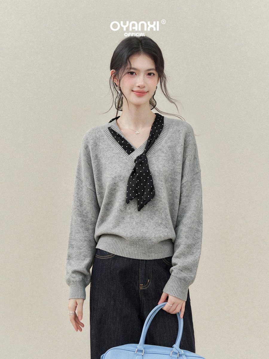 OYANXI ドット柄スカーフ付き ゆったり長袖ニットセーター