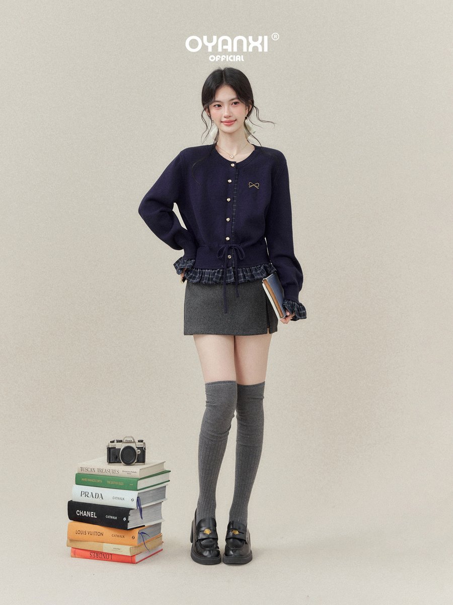 OYANXI フェイクレイヤード パールボタン ニットカーディガン