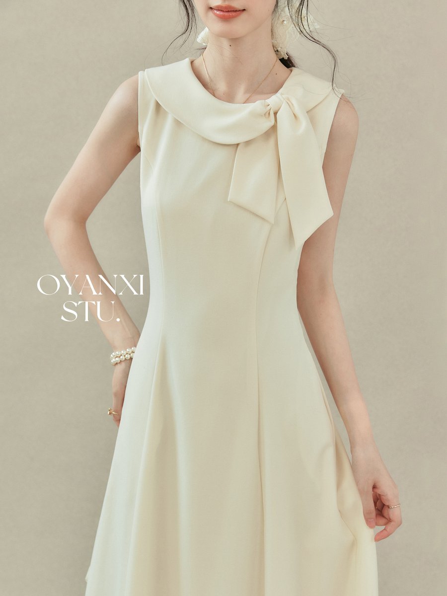OYANXI リボン クルーネック ノースリーブ ロングワンピース