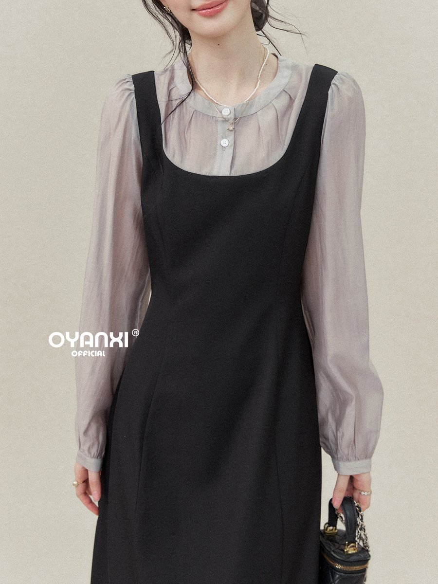 OYANXI 配色 シャツレイヤード ウエストシェイプ ワンピース
