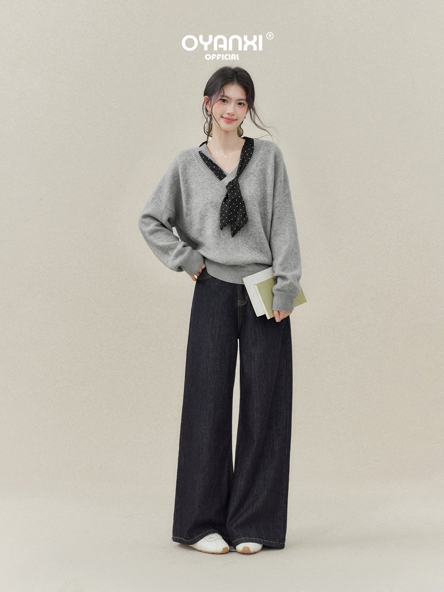 OYANXI ドット柄スカーフ付き ゆったり長袖ニットセーター