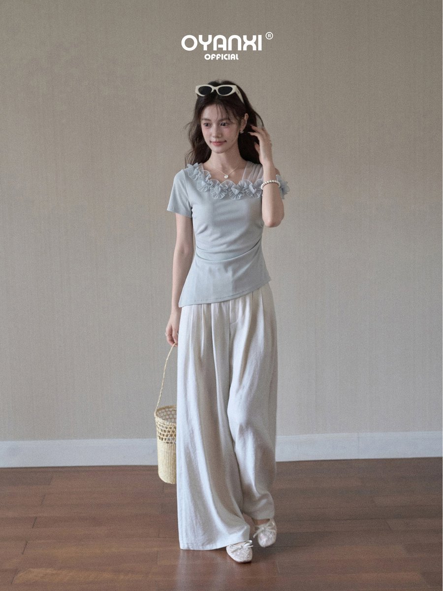 OYANXI レーストリム オフショルダー 半袖Tシャツ