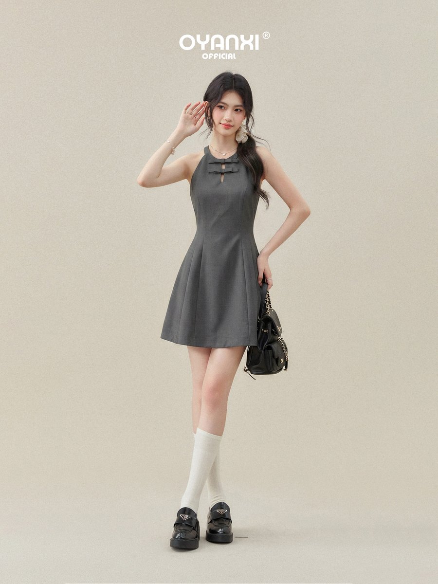 OYANXI リボン ホルターネック オフショルダー バルーンワンピース
