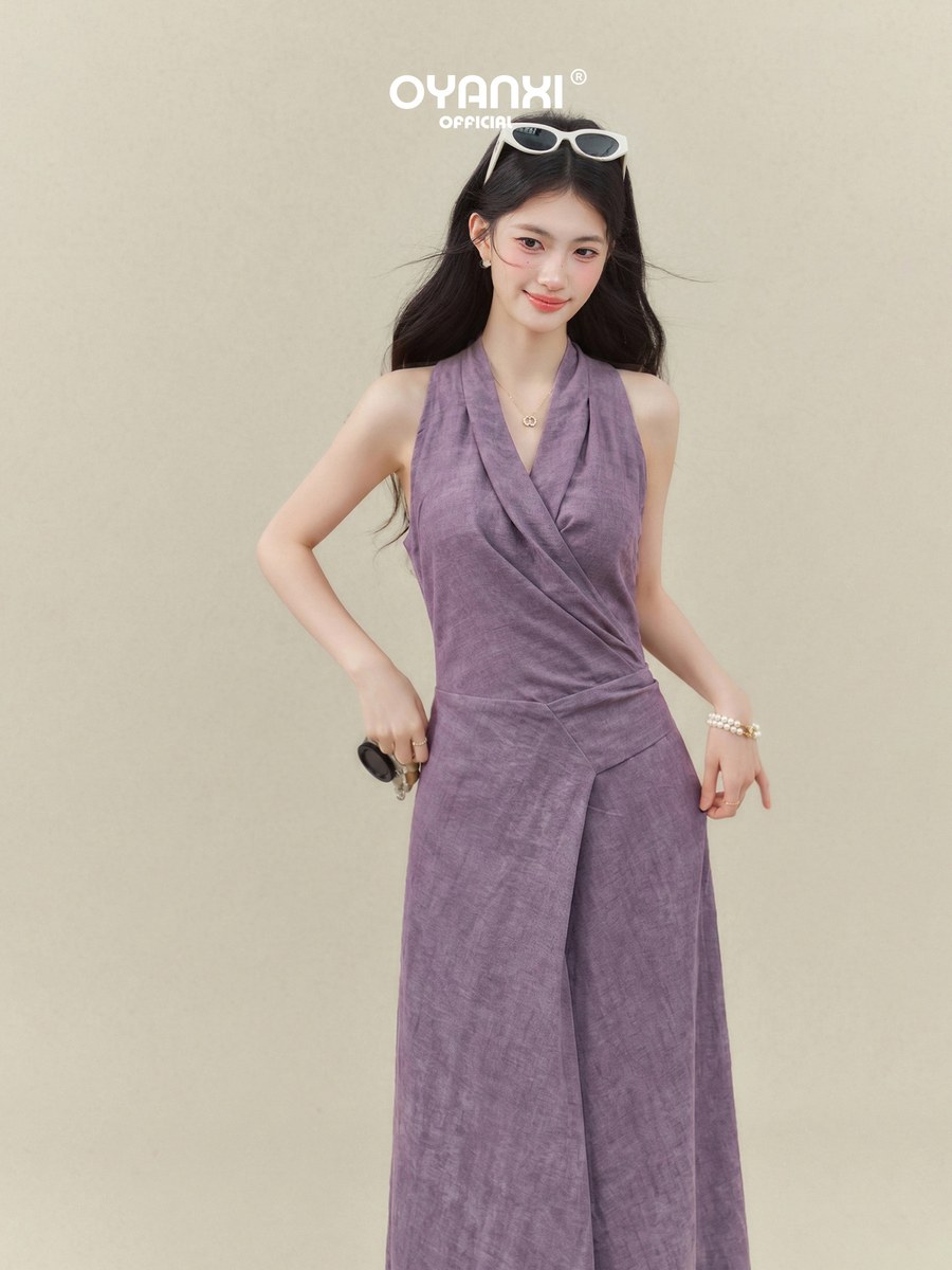 OYANXI ホルターネック Vネック ノースリーブ ロングワンピース