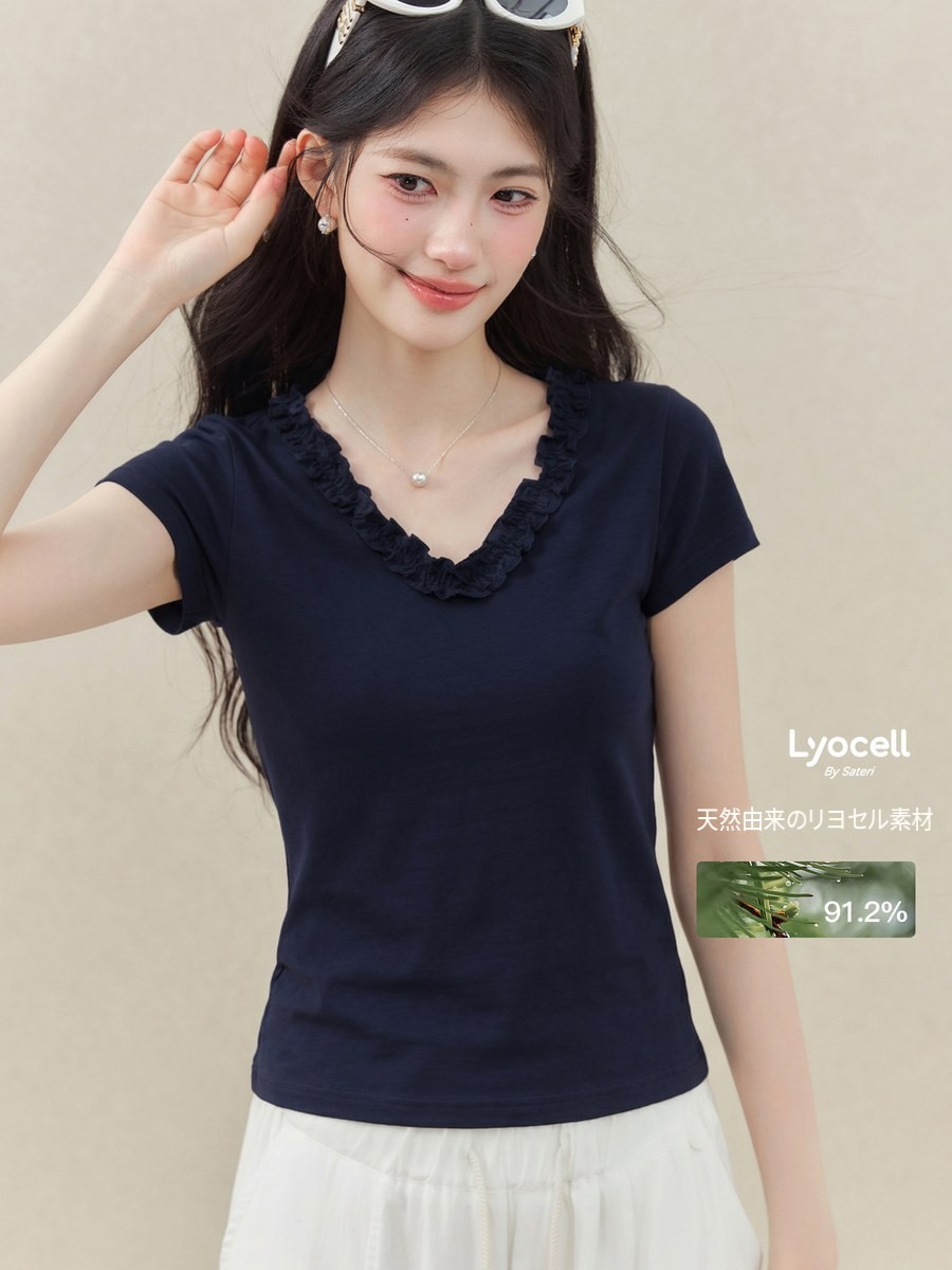 OYANXI フリルトリム Vネック スリム 半袖Tシャツ