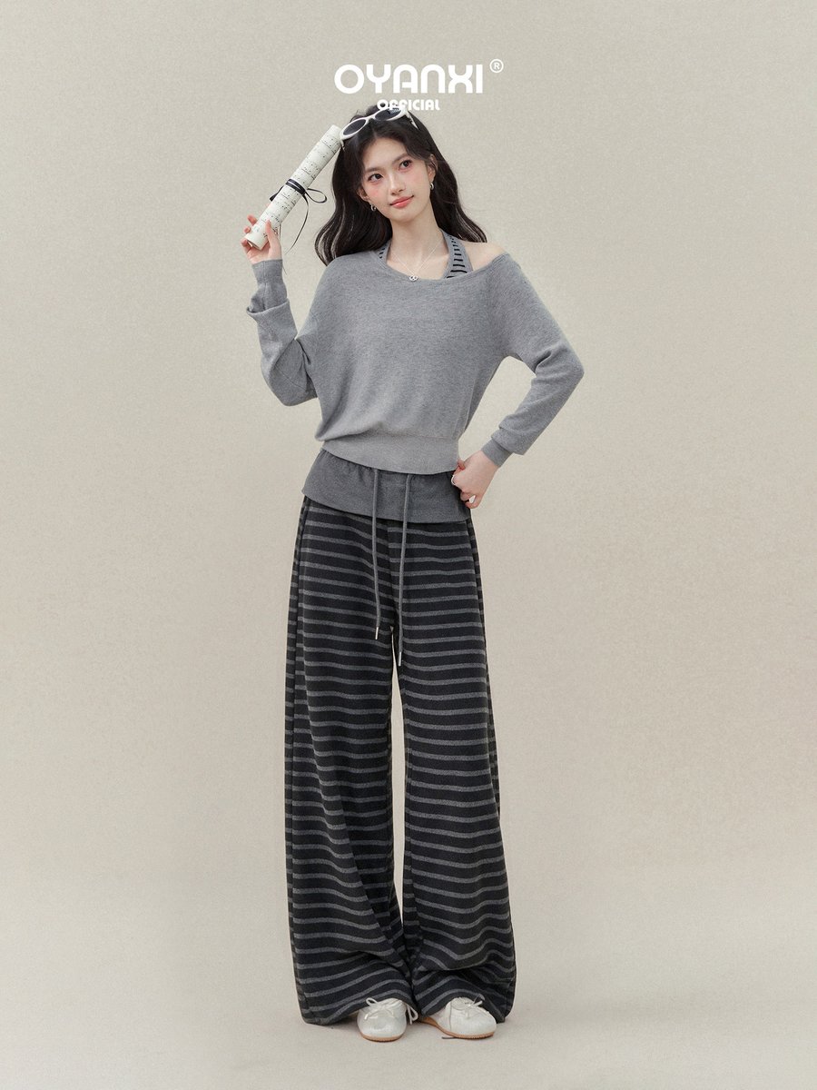 OYANXI ストライプ ハイウエスト とろみ ロング ワイドパンツ