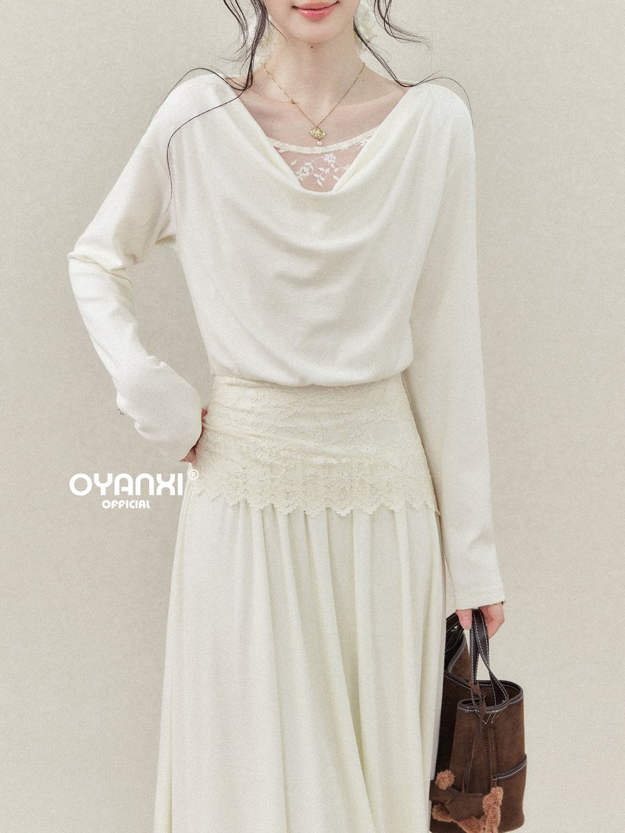 OYANXI ドレープネック レース切り替え ロングワンピース