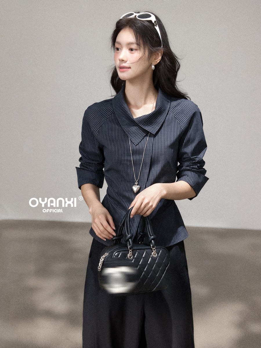 OYANXI ストライプ 襟付き ゆったりシャツ ネイビー