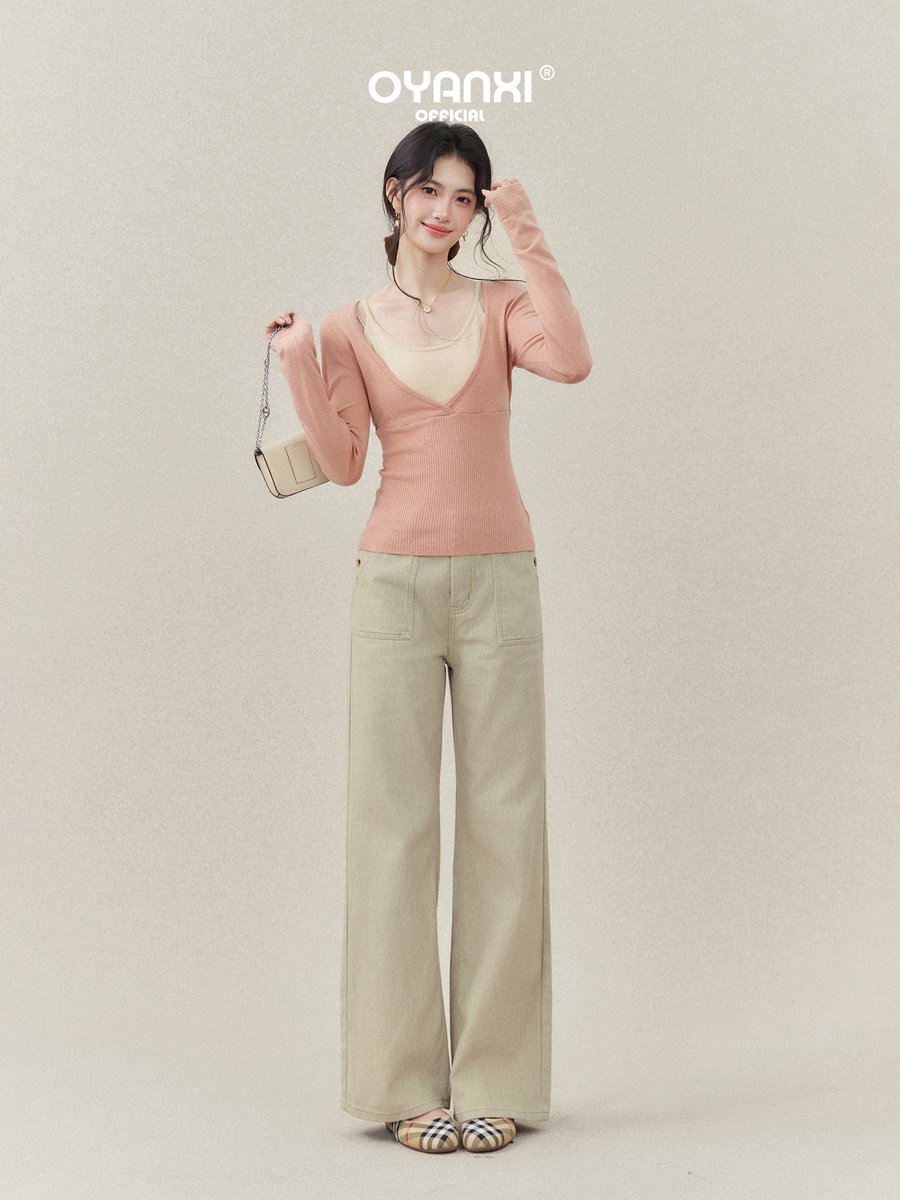 OYANXI フェイクレイヤード スリム 長袖ニットトップス