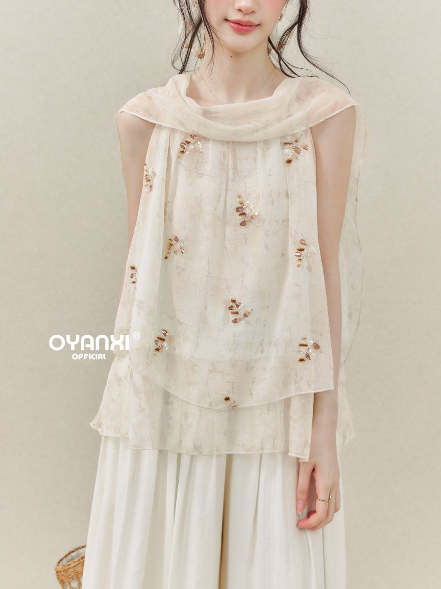 OYANXI 小花柄 ナチュラル ノースリーブトップス
