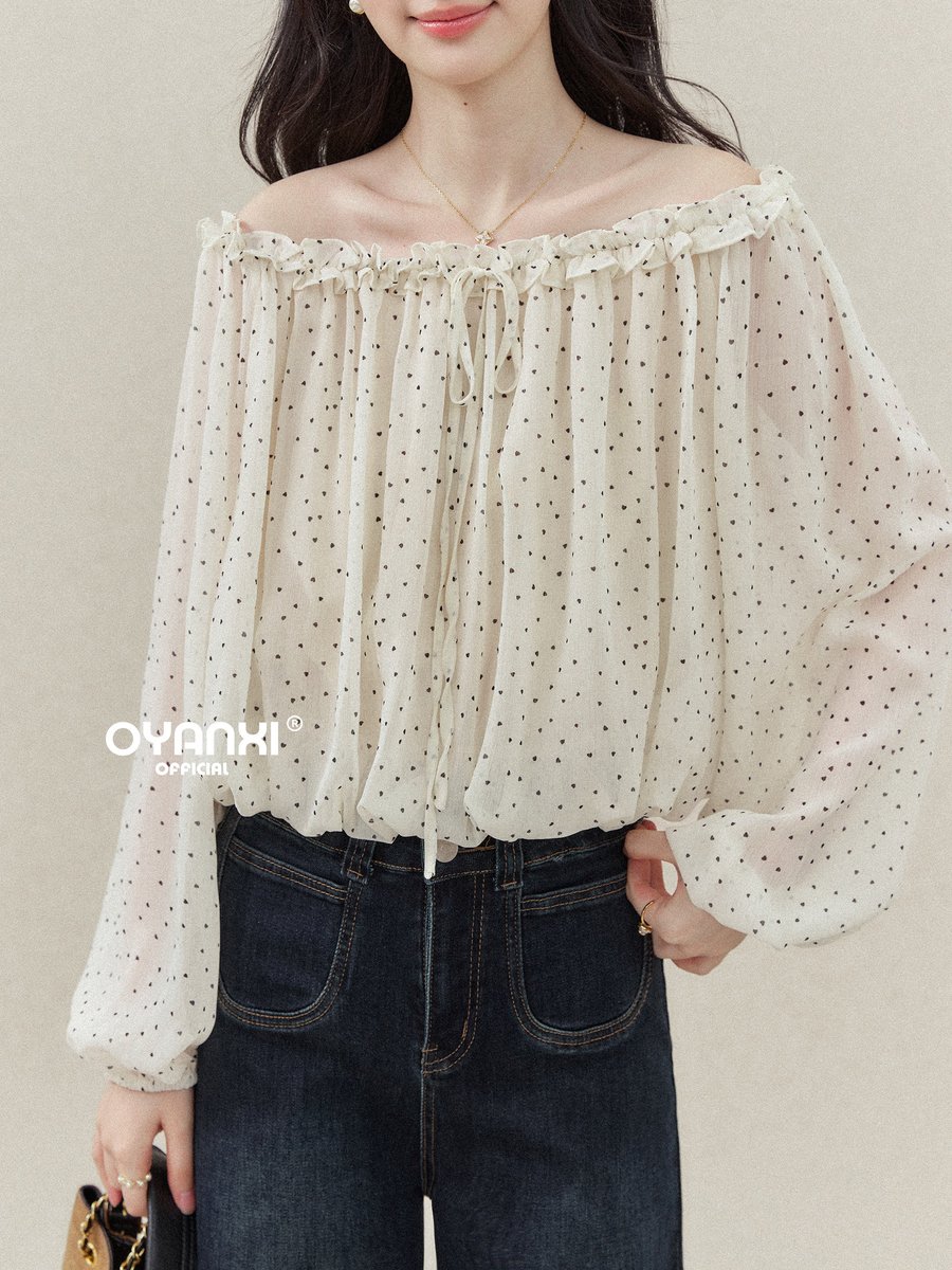 OYANXI ドット柄 フリル オフショルダー ブラウス