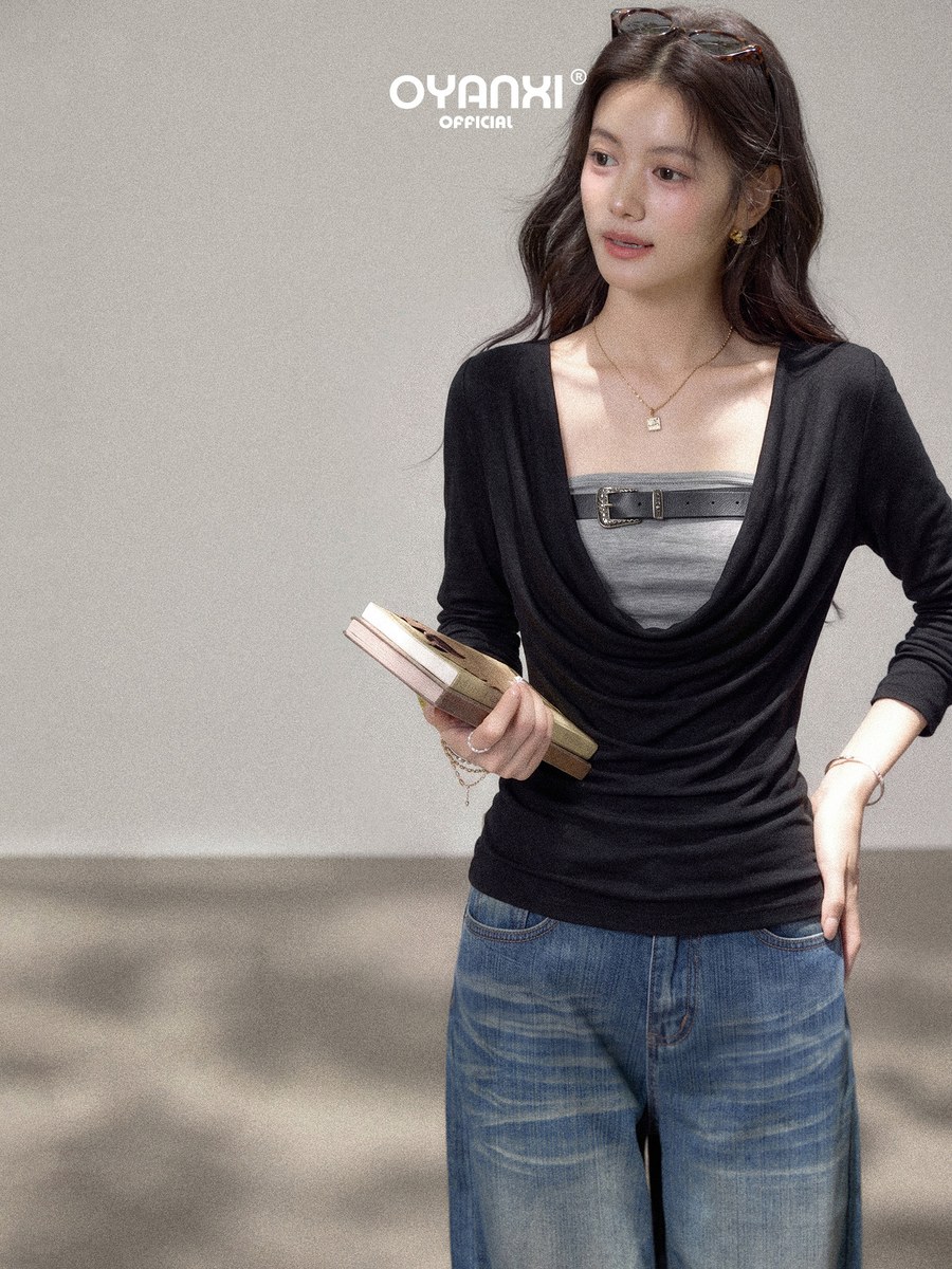 OYANXI フェイクレイヤード ギャザー Vネック 長袖Tシャツ