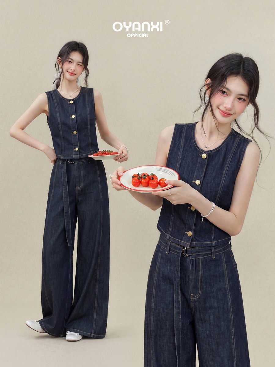 OYANXI レトロデニム ノースリーブベスト＆ワイドパンツ セットアップ