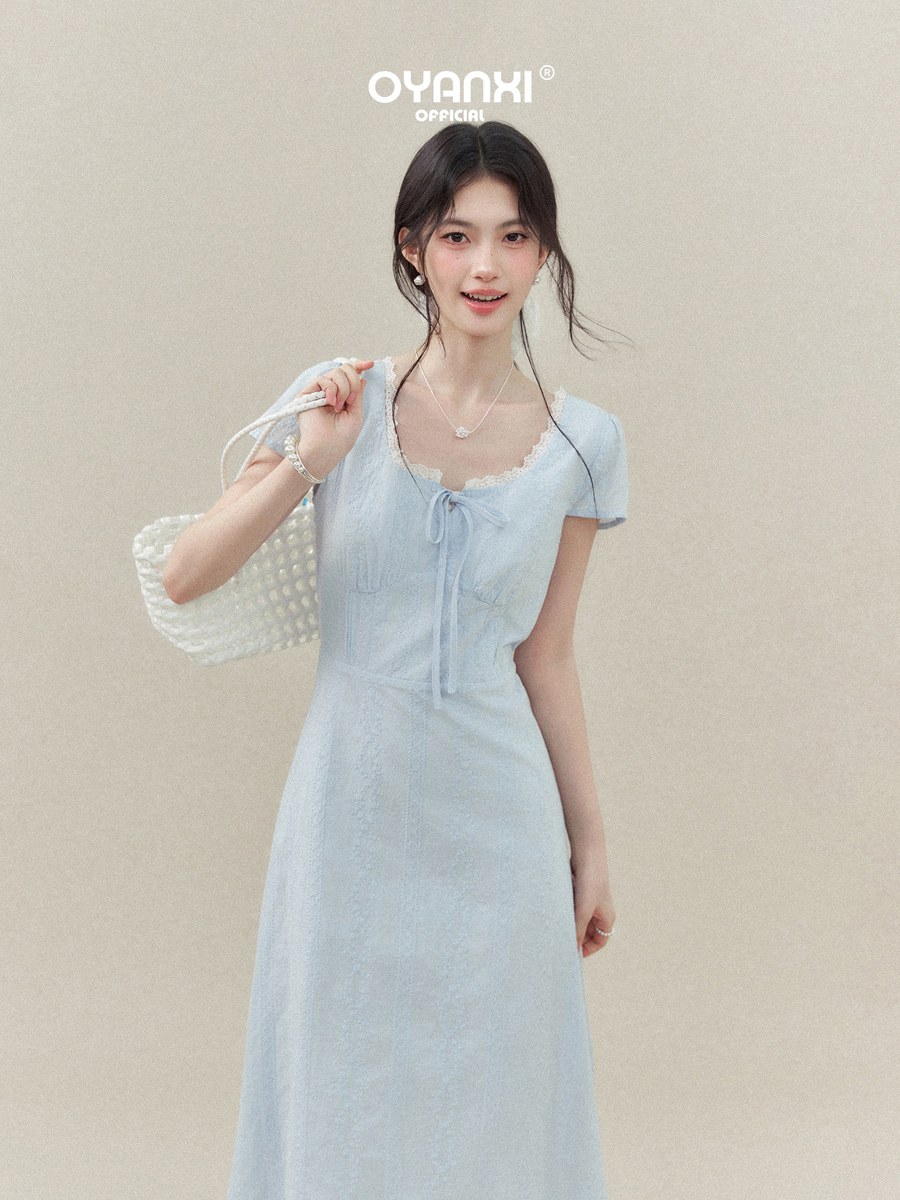 OYANXI Uネック レーストリム フリルスリーブ ワンピース