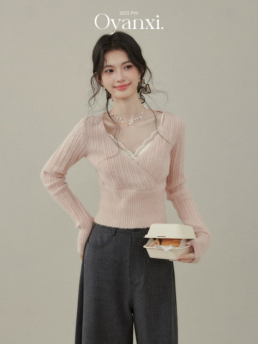 OYANXI すっきりシルエット 長袖ニット ピンク