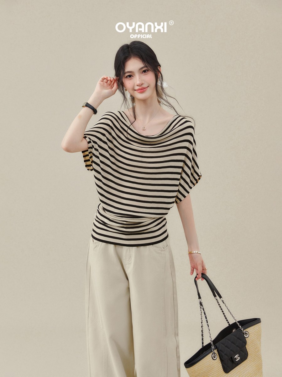 OYANXI ストライプ ドルマンスリーブ 半袖Tシャツ