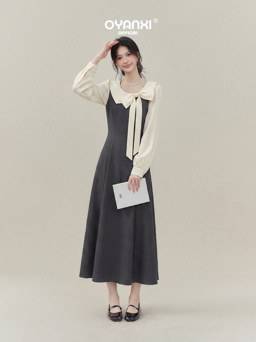 OYANXI 配色ビッグカラー フェイクレイヤード ロングワンピース