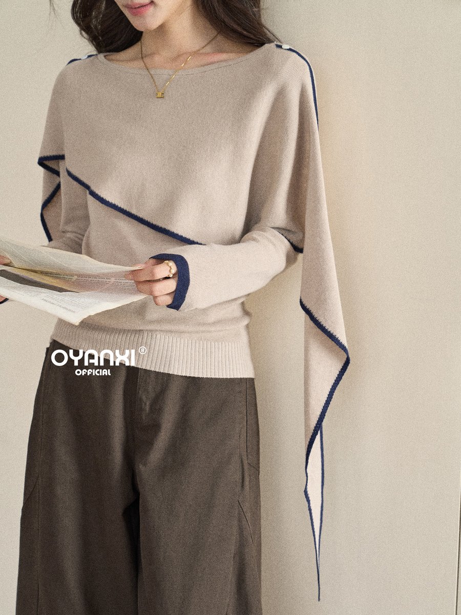 OYANXI 配色ショール アシンメトリー スリム 長袖ニット