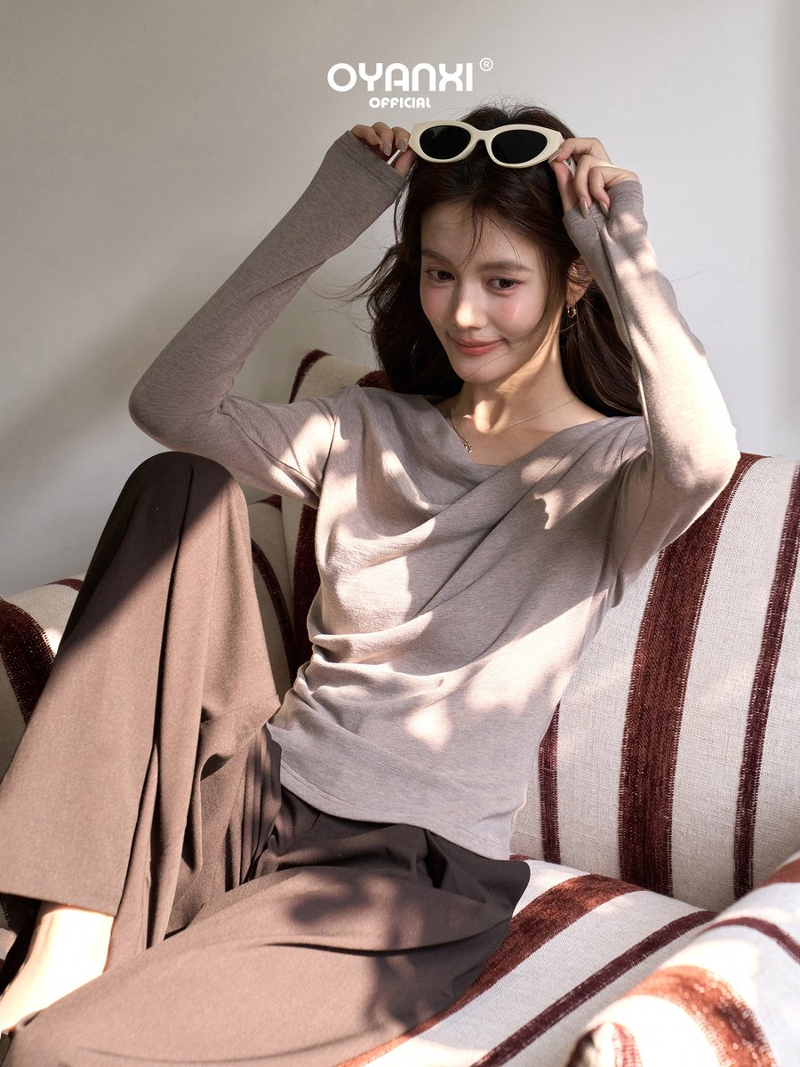 OYANXI Vネック フィット 長袖Tシャツ