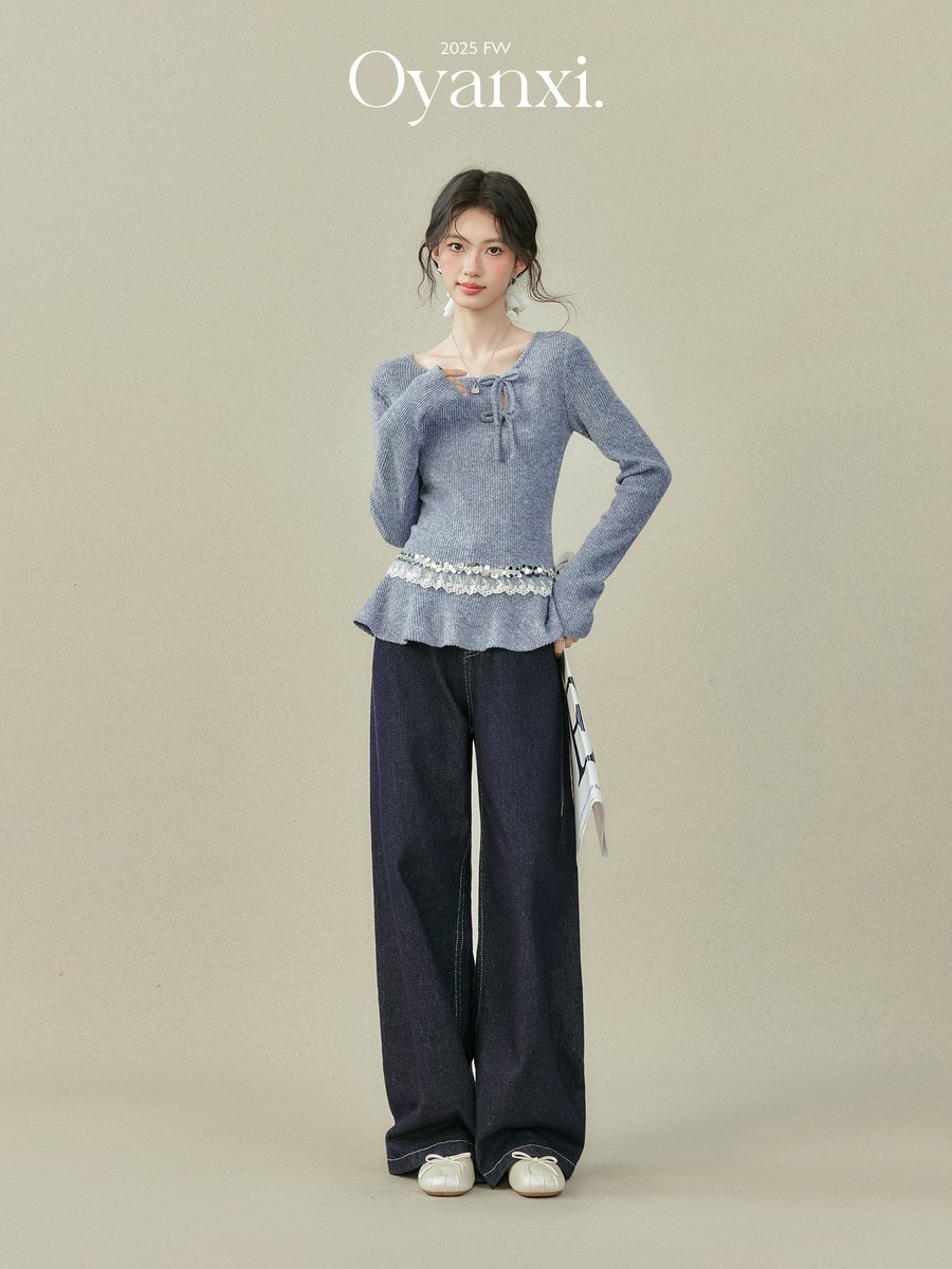 OYANXI レース切り替え リボン ニット長袖Tシャツ ブルー