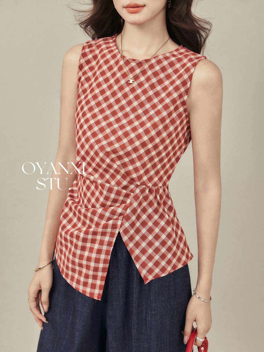 OYANXI チェック柄 スリット入り ベストトップス