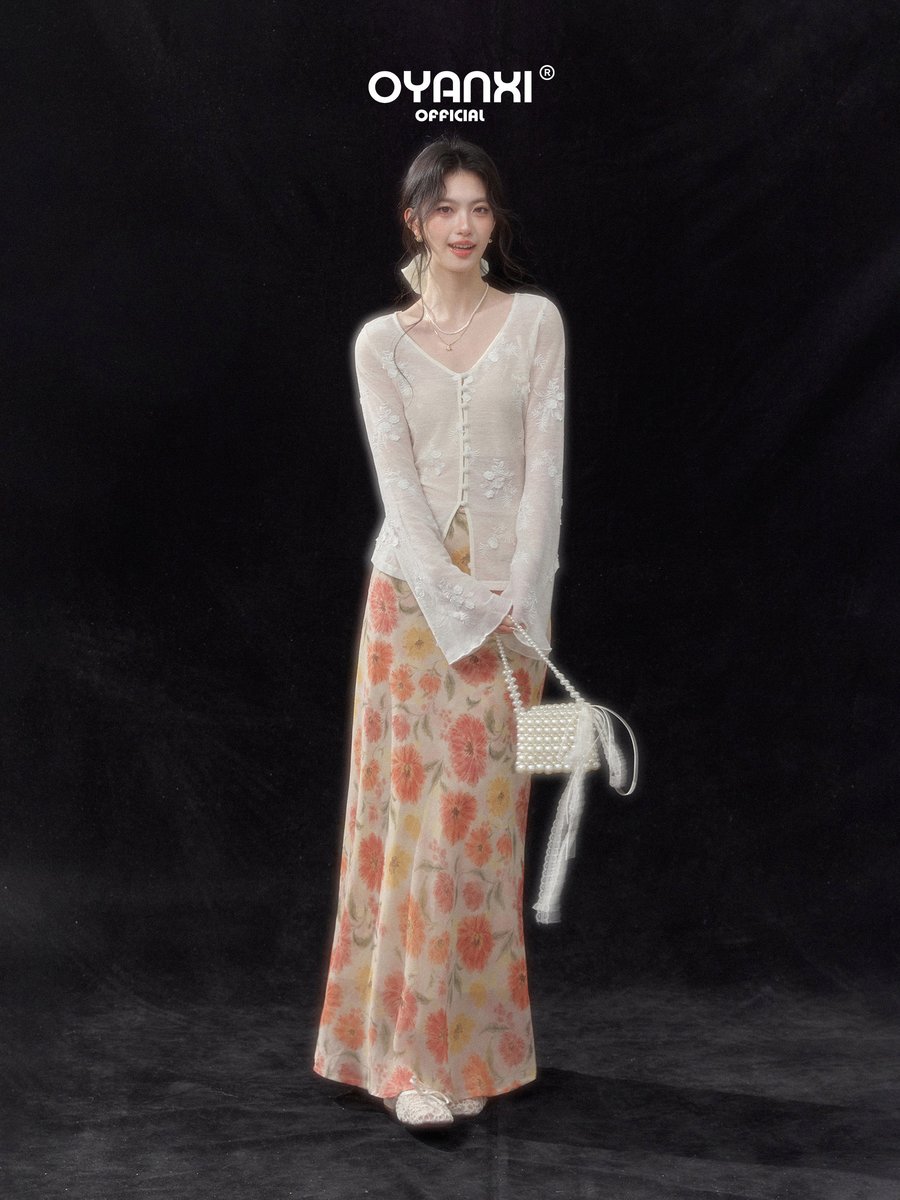 OYANXI 立体刺繍 シアー フレアスリーブ カーディガン
